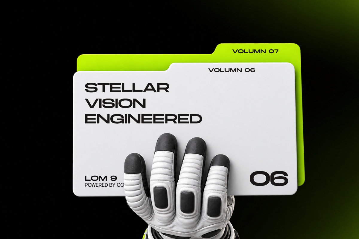 Futuristic robot hand holding layered neon green card mockups with bold typography