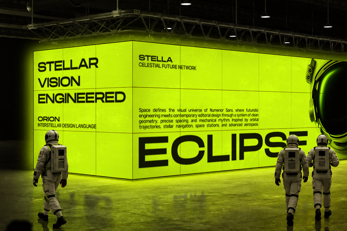 Astronauts walking toward glowing neon yellow futuristic billboard with sci-fi typography layout