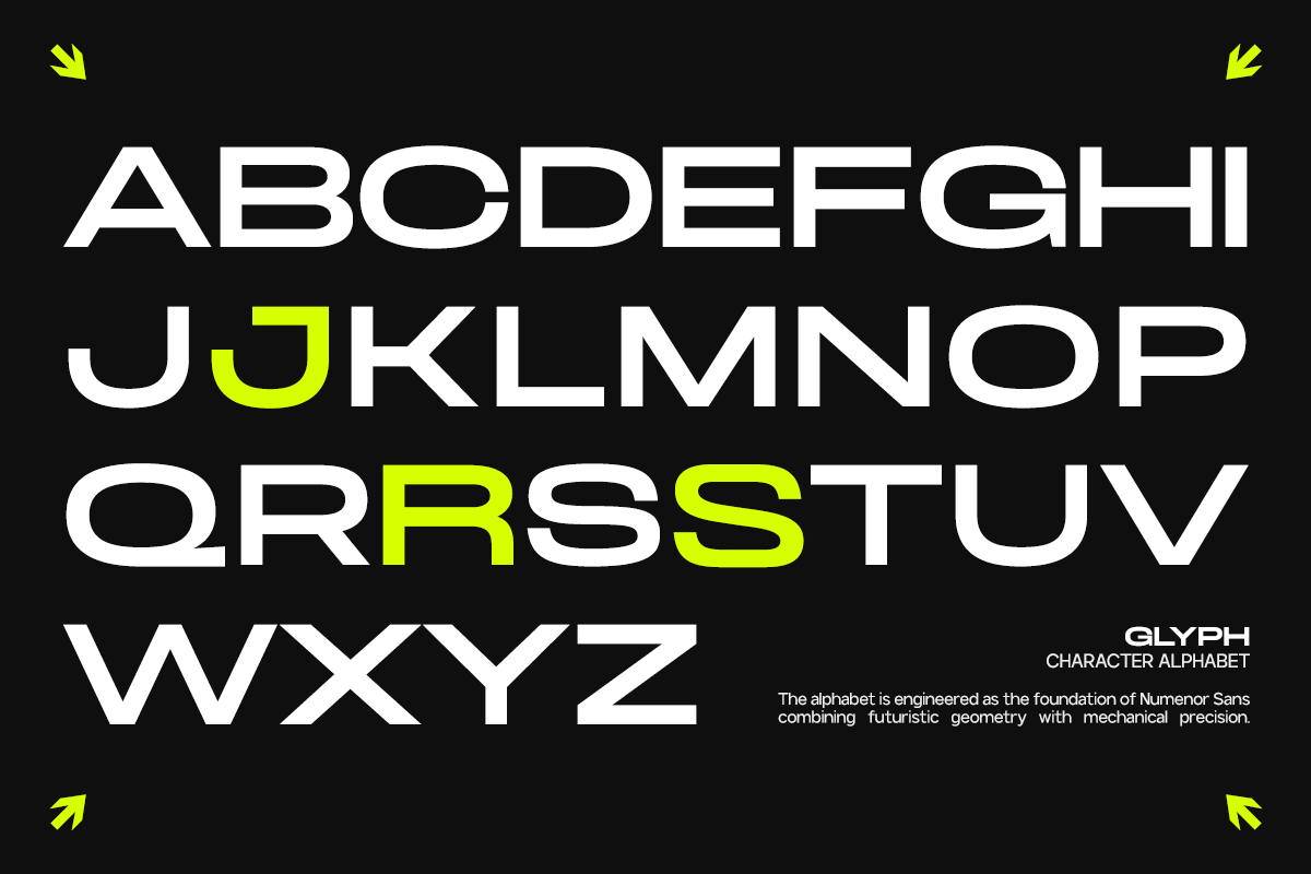 Glyph sans typeface with neon yellow accent letters on black background