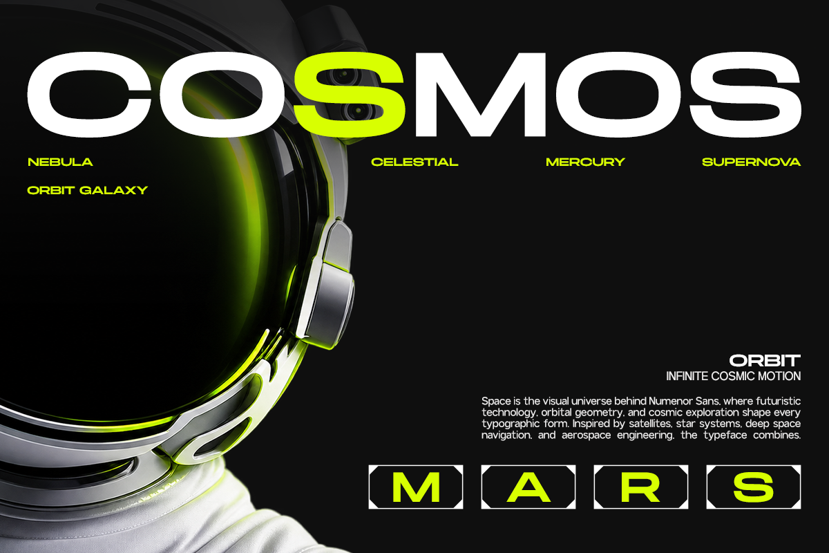 Cosmos futuristic font with neon yellow highlights on sleek tech mockup background
