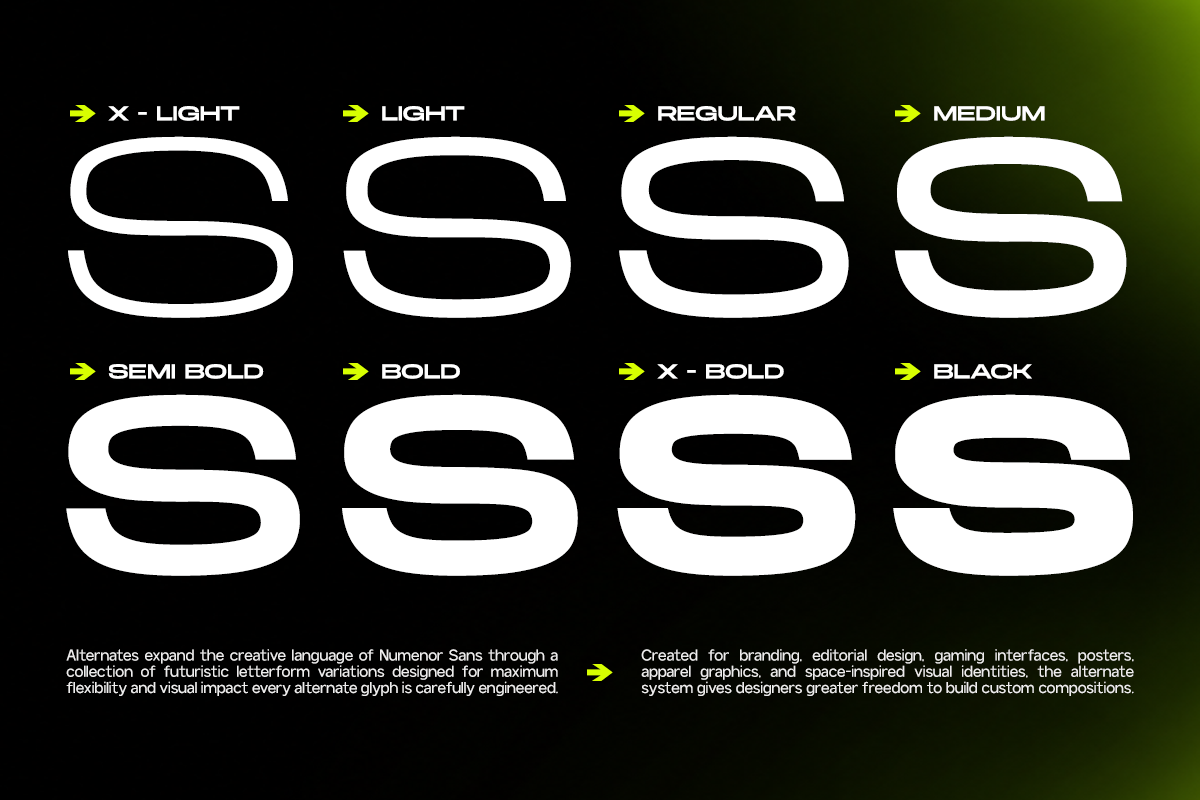 Bold sans serif font showing 8 weight variations from extra light to black on dark background