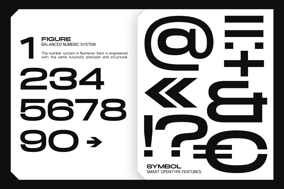 Bold sans serif font specimen showing balanced numerals, symbols, plus geometric characters on white