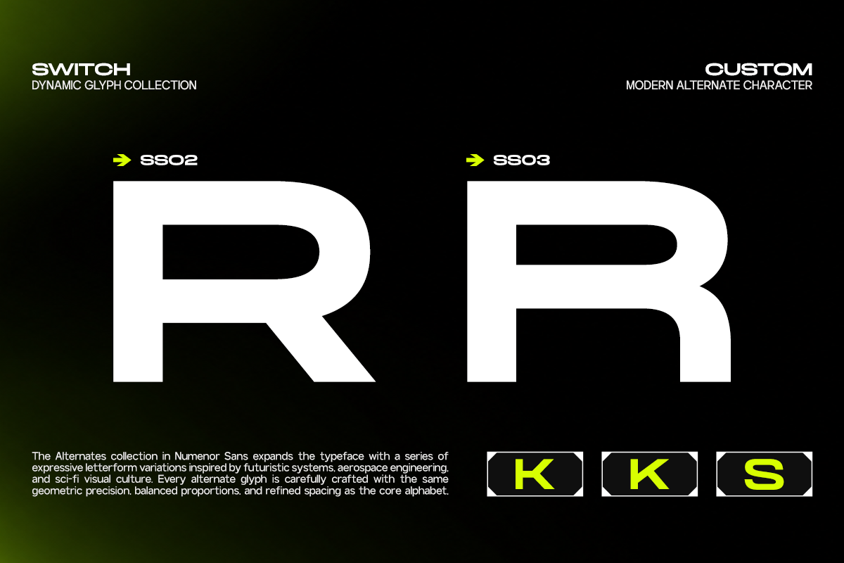 Switch Dynamic Glyph Collection showing alternate R characters with neon accents on dark background