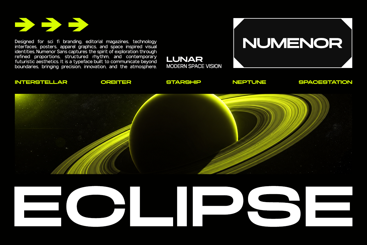 Numenor Sans typeface specimen with glowing planet, ringed Saturn, neon yellow on black space background