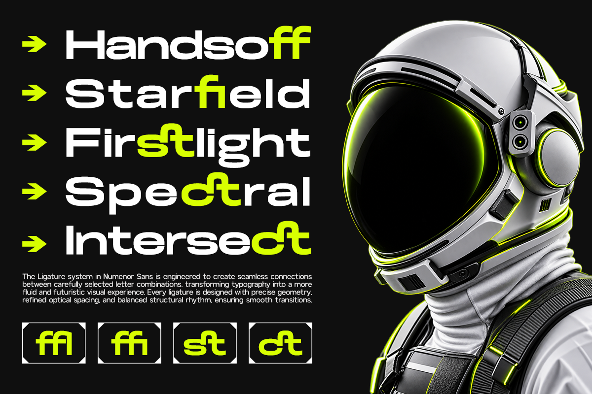Futuristic font mockup with neon yellow accents on black, featuring sci-fi astronaut helmet