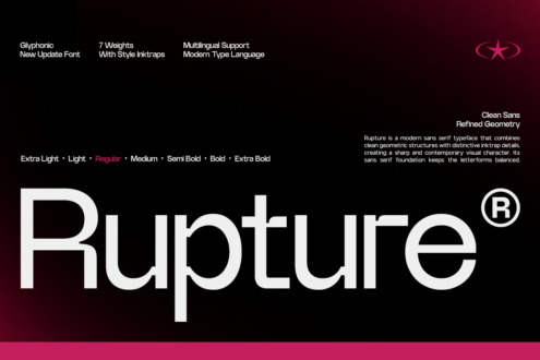 Rupture sans serif font displayed in large white letters with 7 weights shown above on dark burgundy background