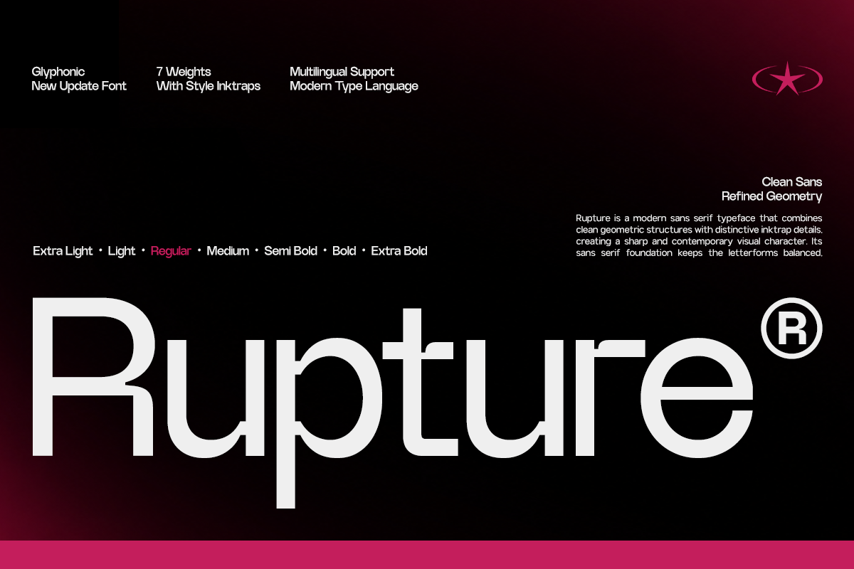 Rupture sans serif font displayed in large white letters with 7 weights shown above on dark burgundy background