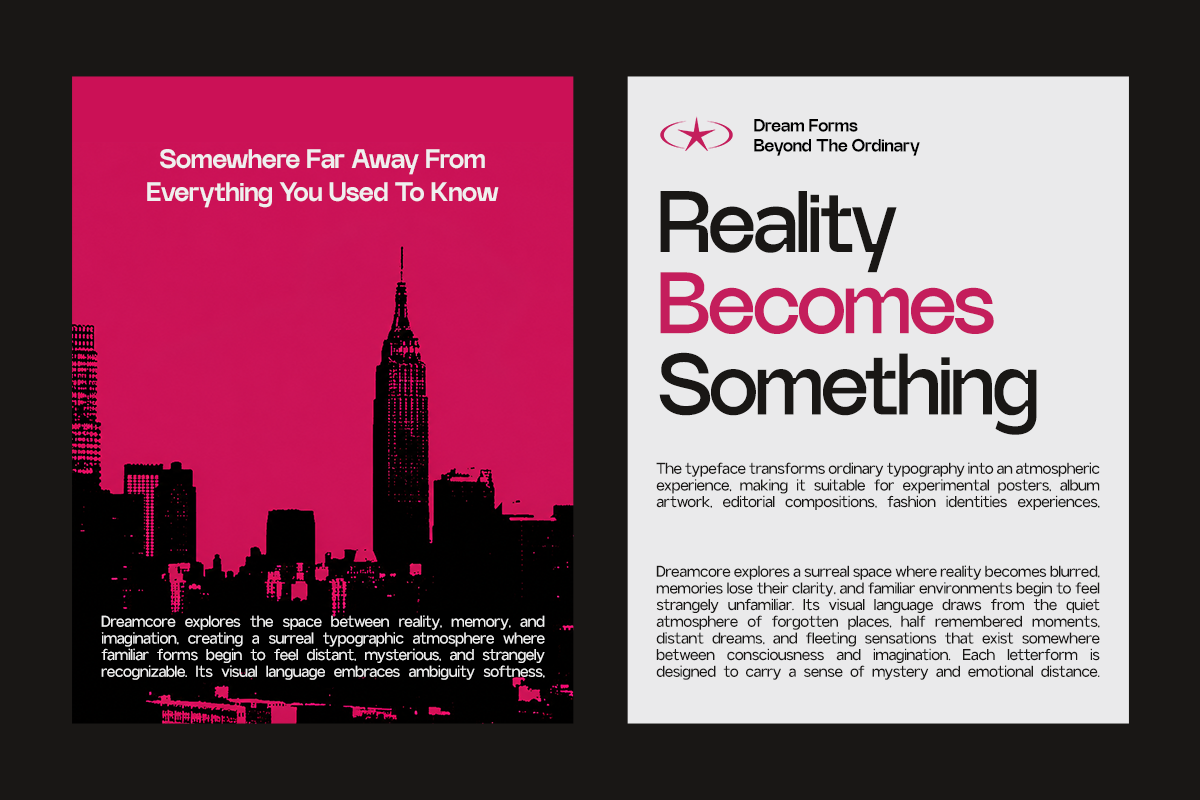 Dreamcore typeface with surreal NYC skyline on hot pink, paired with clean brand guidelines sheet