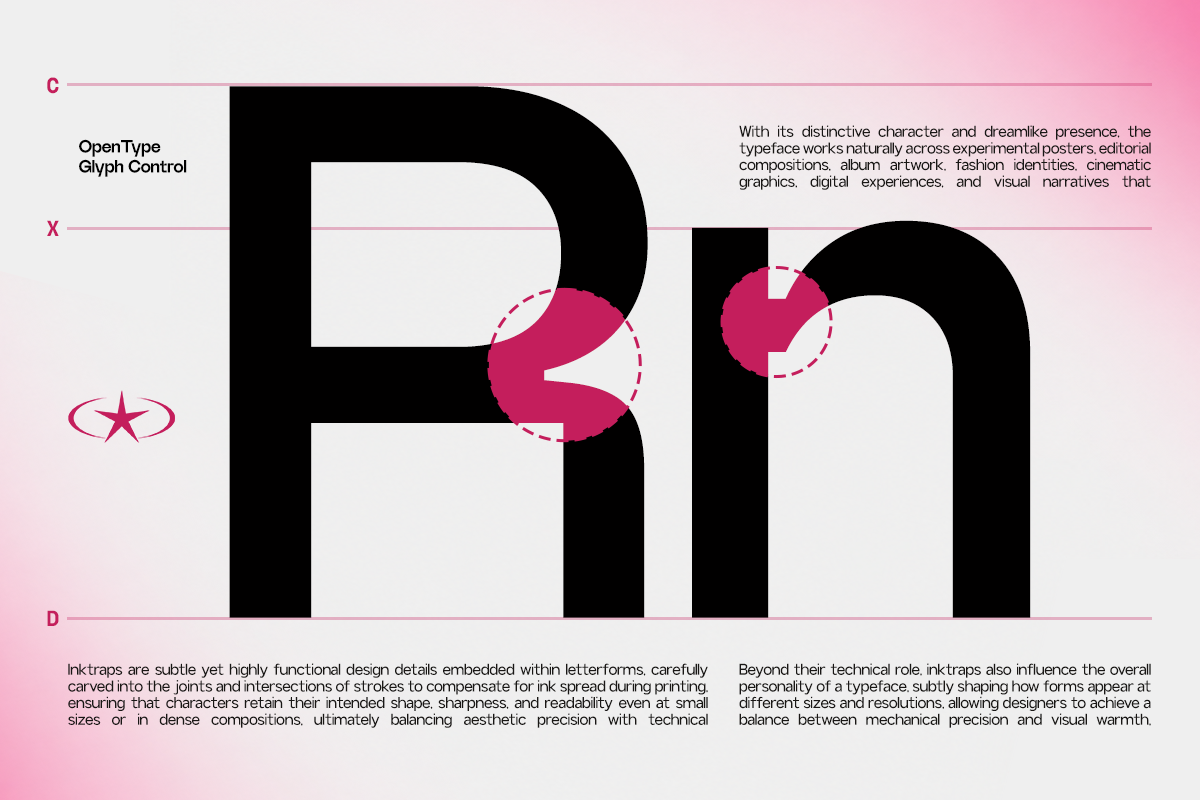 Bold geometric typeface with pink magenta accents on gradient background showing glyph details