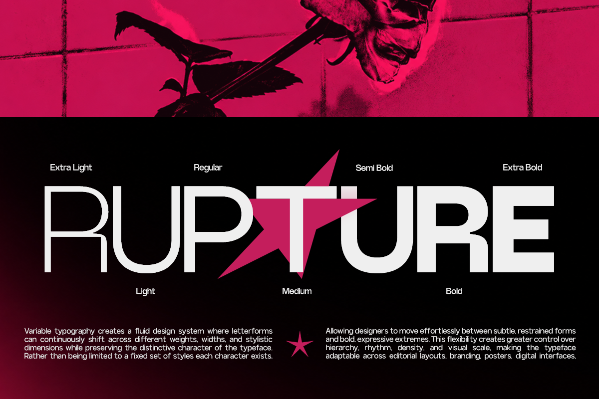 Rupture variable font display showing all weights from Extra Light to Extra Bold with pink magenta branding