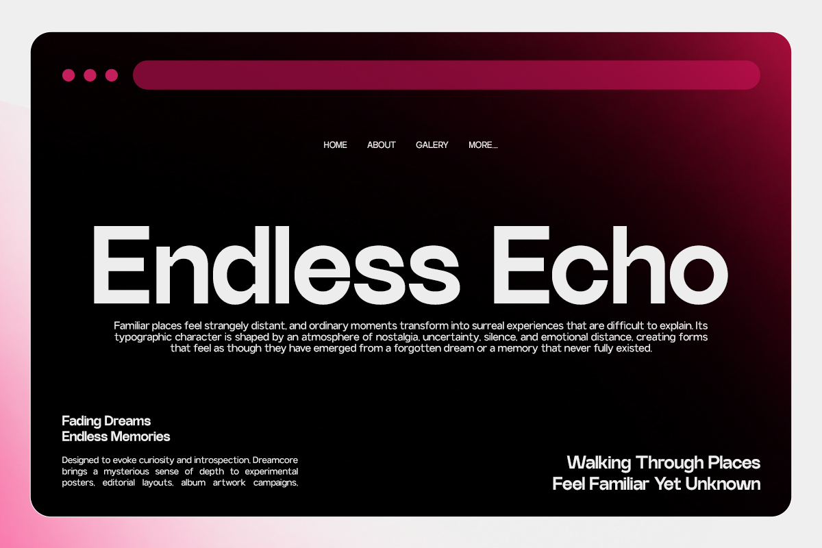 Dark moody website mockup with bold white typography on gradient burgundy background