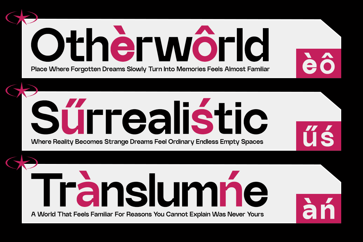 Bold typography mockup with three stacked banners in black, white, magenta accents