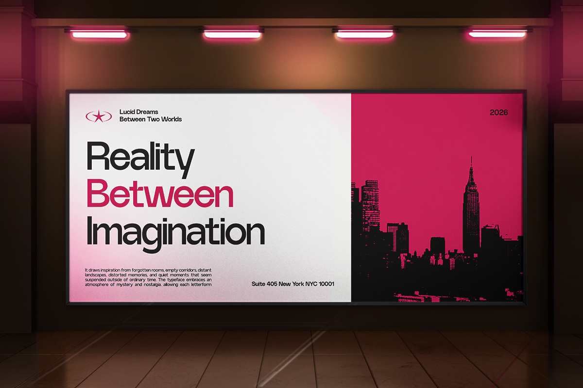 Modern billboard mockup with neon pink lights, split layout showing typography on left, NYC skyline on right