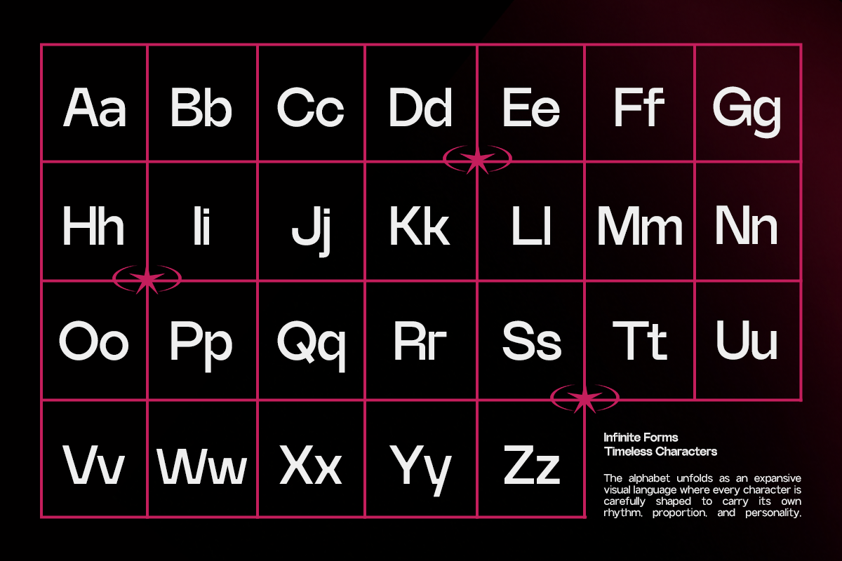Alphabet grid font display with neon pink borders on black, showing uppercase lowercase letter pairs