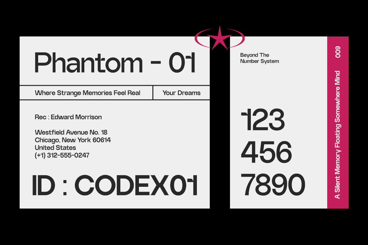 Retro sci-fi document mockup with bold typography, contact details, mysterious numbers, pink star icon