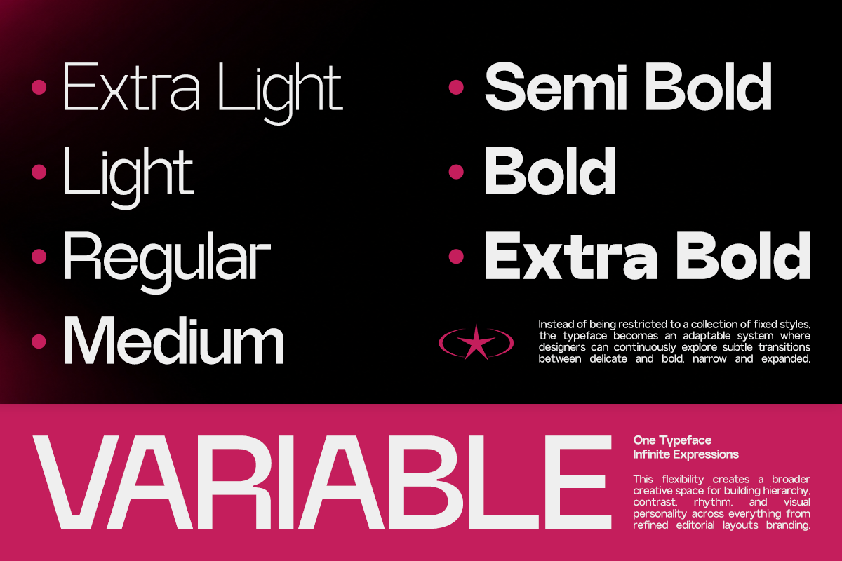Variable typeface showing weight range from extra light to extra bold