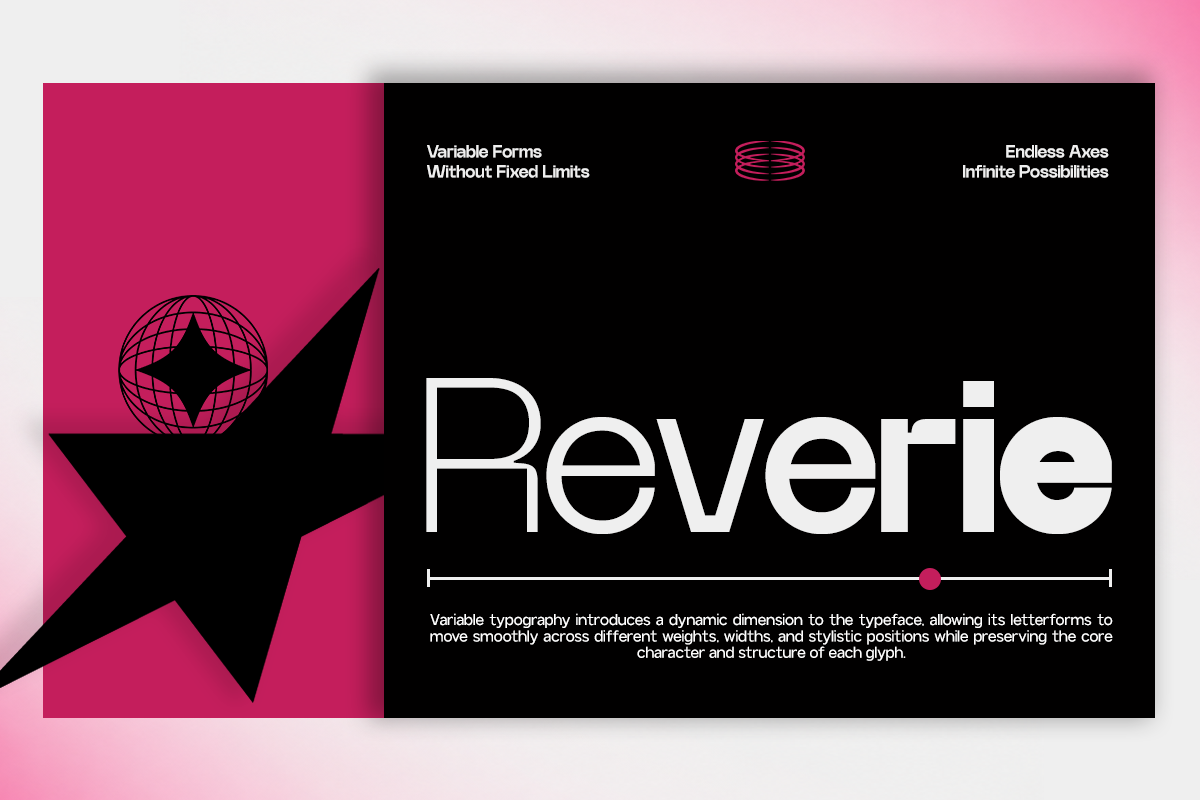 Beverie variable font mockup with pink geometric shapes on black background