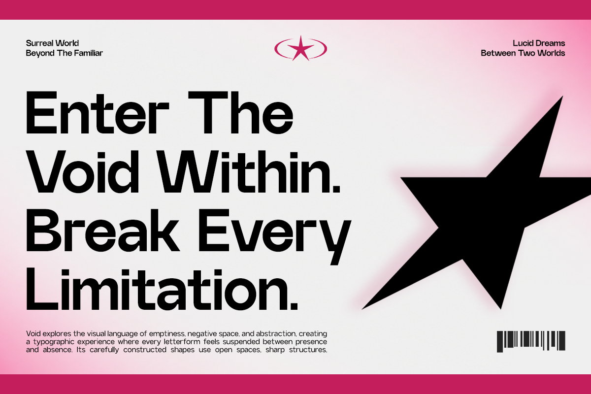 Bold typography poster with "Enter The Void Within" text, black star, pink gradient background