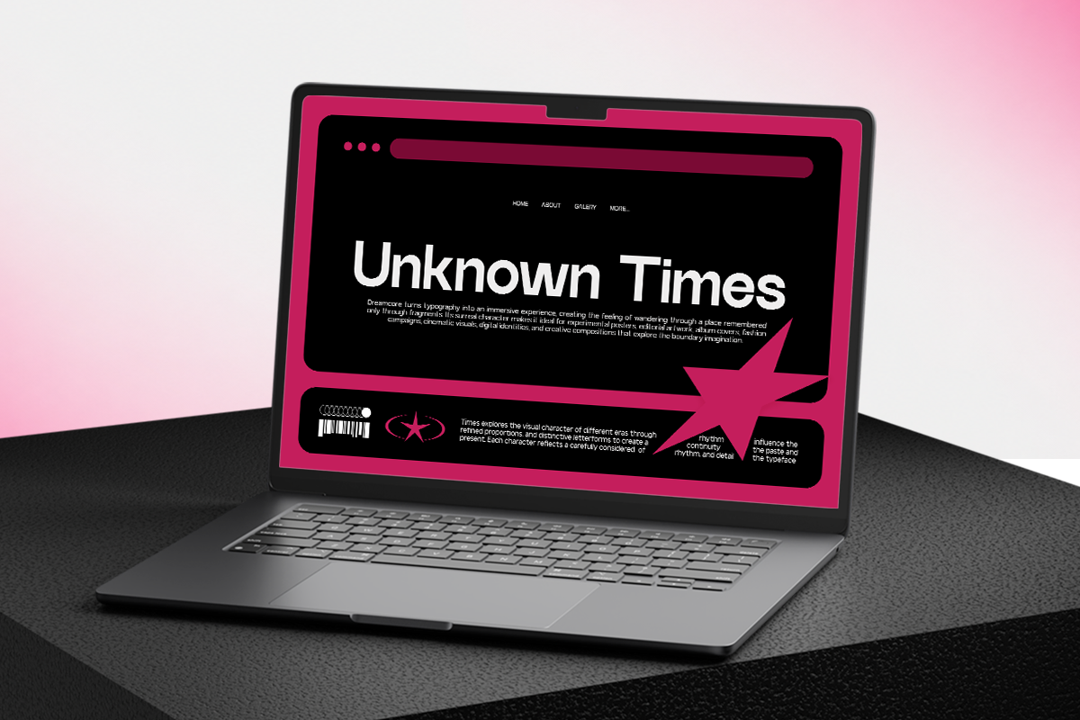 Laptop mockup showing bold pink website design with "Unknown Times" typography layout on black screen