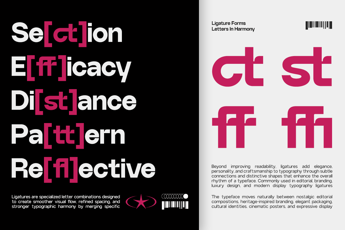 Ligature Forms typeface specimen showing stylized letter pairs with magenta accents on black background