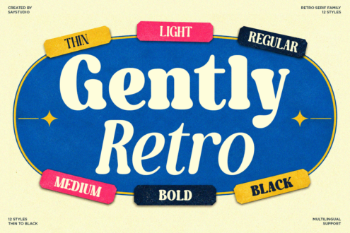 Gently Retro serif font family showing 12 weights from thin to black with colorful label badges