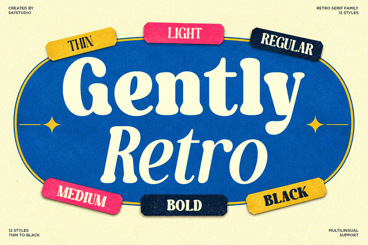 Gently Retro serif font family showing 12 weights from thin to black with colorful label badges