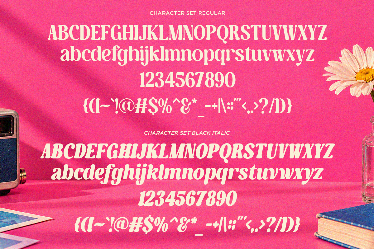 Serif font character set in regular plus black italic with uppercase, lowercase, numbers, symbols on hot pink background