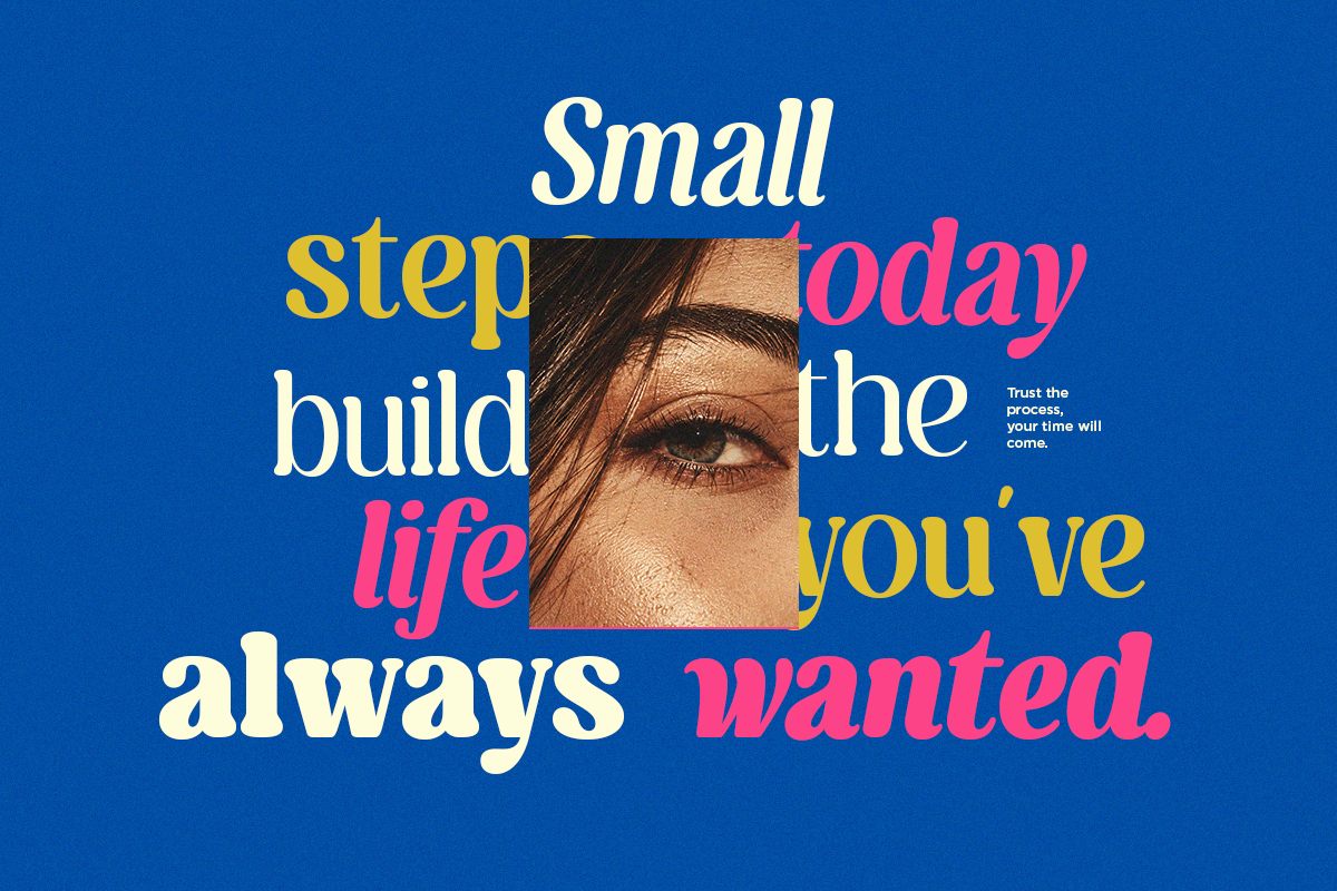 Bold motivational poster with colorful typography, portrait photo cutout, bright blue background