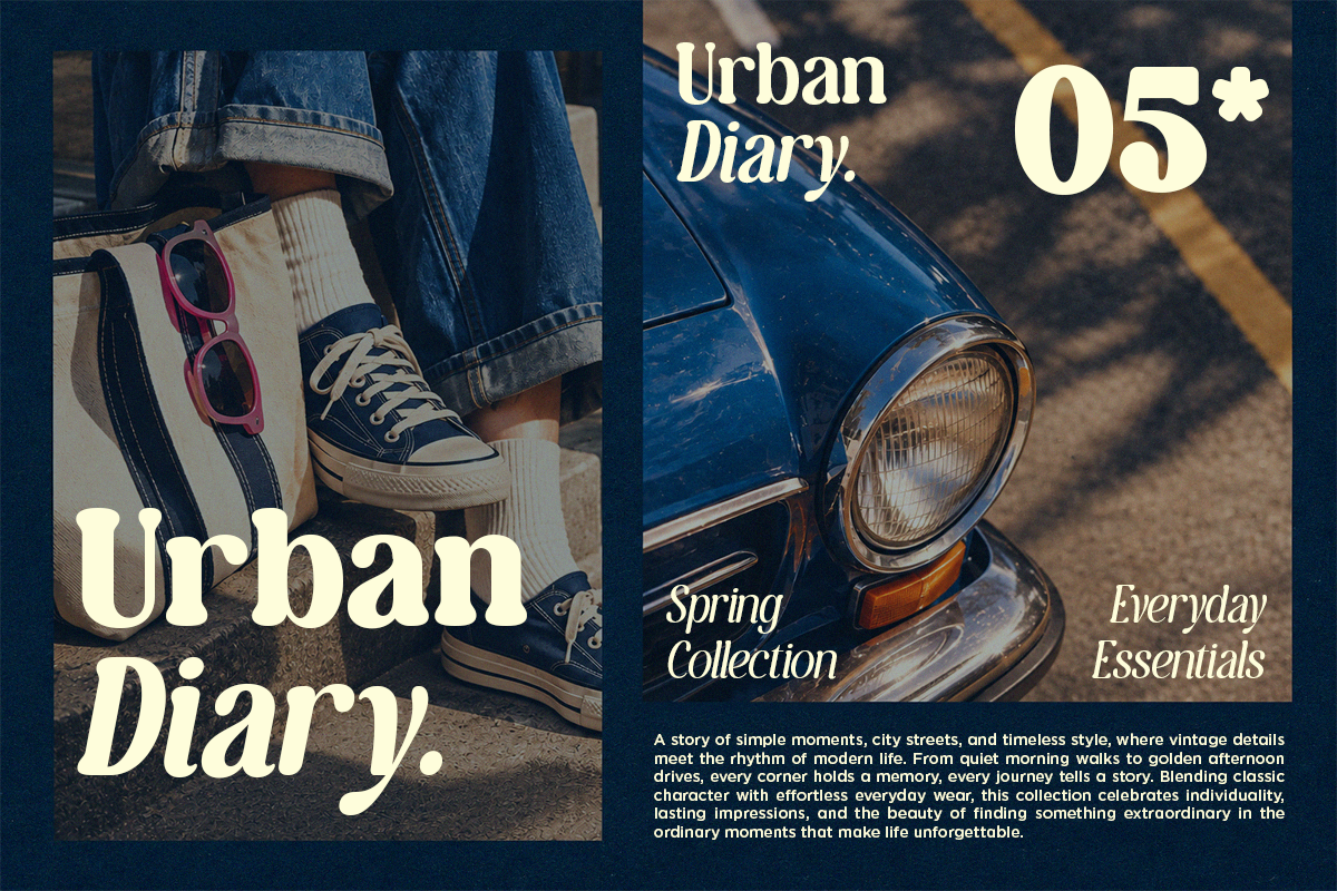 Split-screen mood board with vintage car headlight, sneakers, sunglasses, rolled jeans, spring collection branding