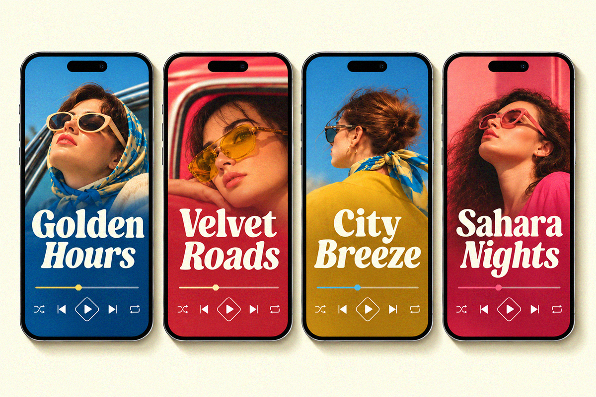 Four iPhone mockups displaying vibrant music player screens with bold typography, colorful backgrounds, sunglasses styling