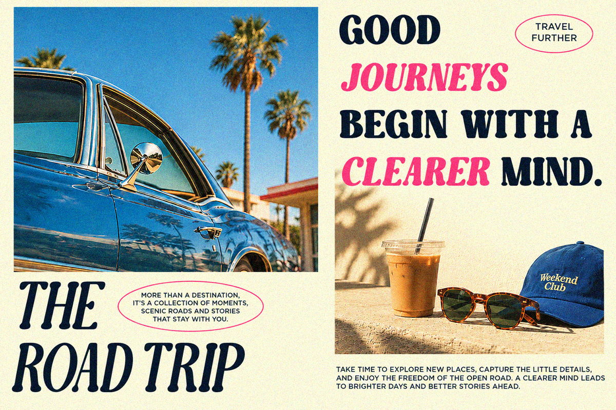 Retro road trip poster with vintage car, palm trees, travel quotes, sunglasses