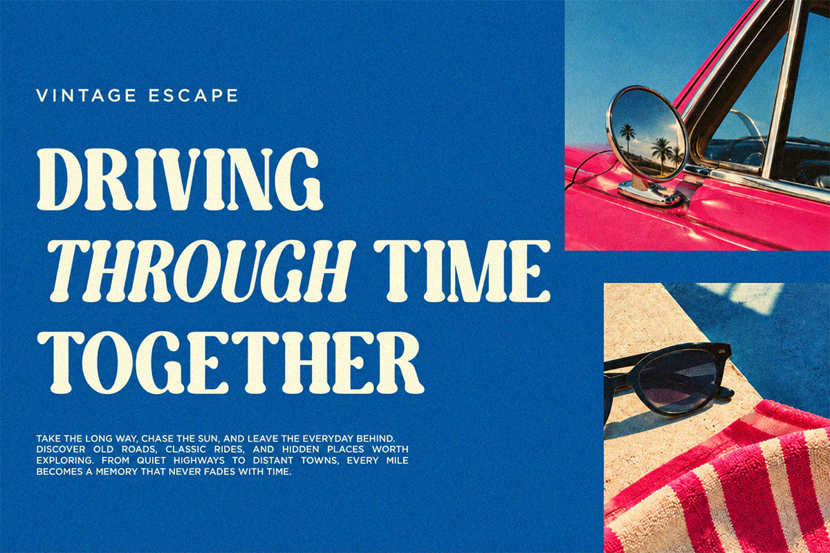 Retro road trip poster with pink convertible mirror, sunglasses, striped beach towel on blue background