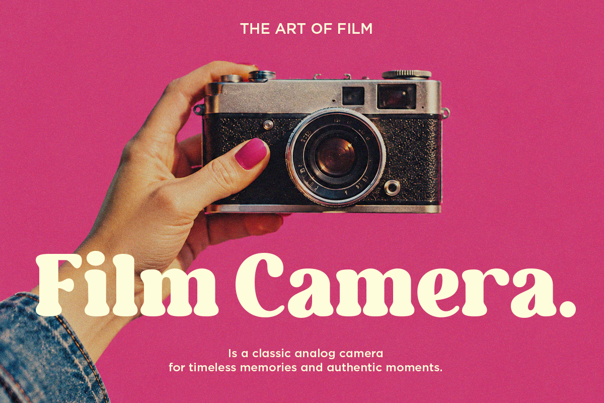 Retro film camera held in hand against hot pink background with typography overlay