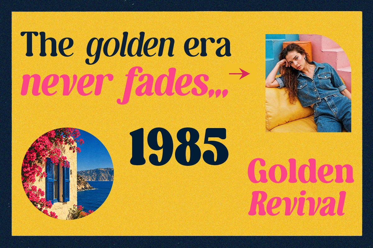 Bright yellow 80s-style poster with retro typography, circular images, hot pink text saying "Golden Revival"