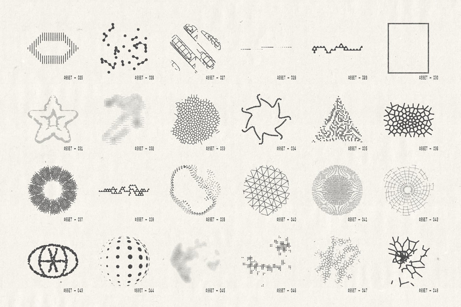 Collection of abstract geometric line art shapes, dots, grids with technical asset numbering labels