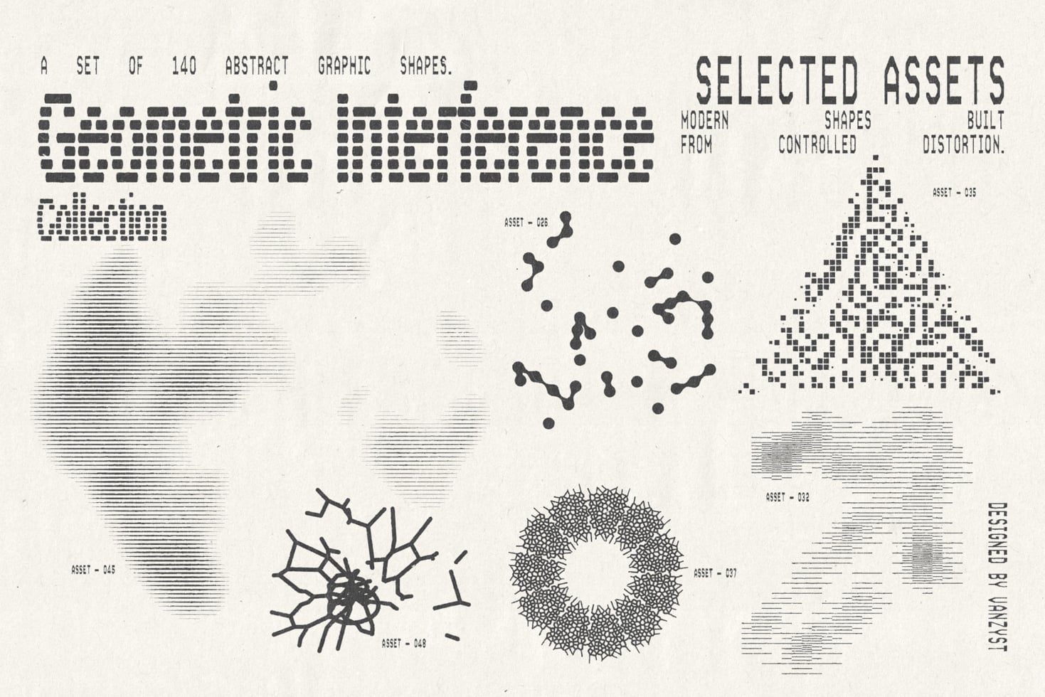140 abstract graphic shapes collection with pixels, lines, dots, organic forms, noise textures