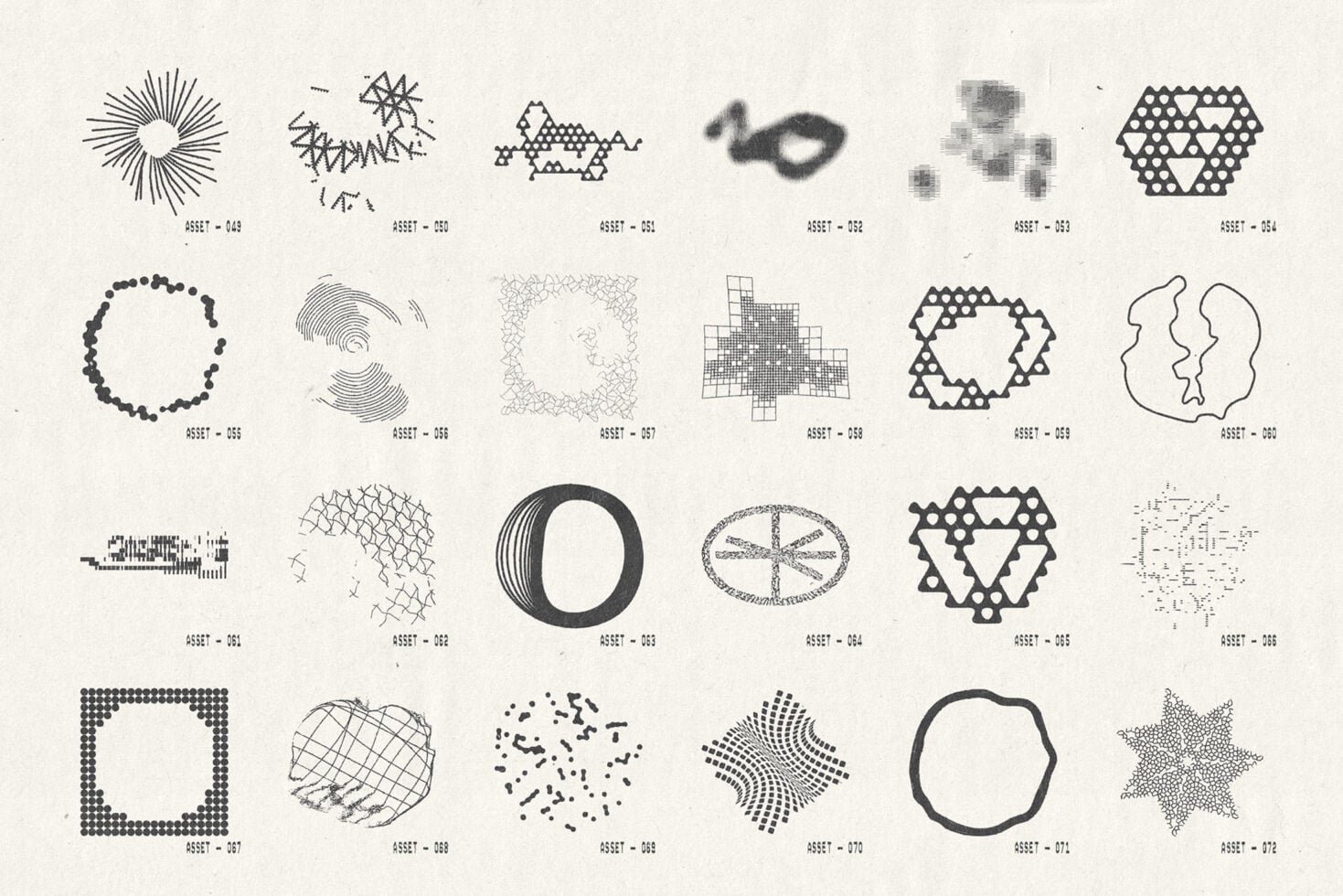 24 geometric shape graphics with line work, dots, grids, halftone effects