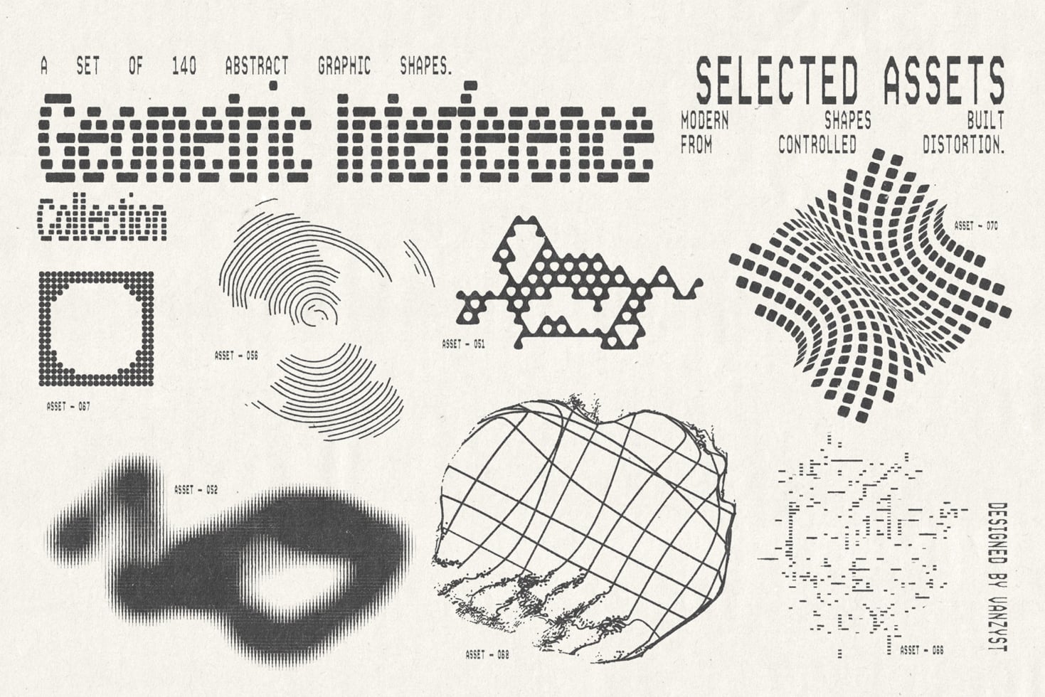140 abstract graphic shapes including pixelated forms, wavy lines, distorted grids, plus scattered dots