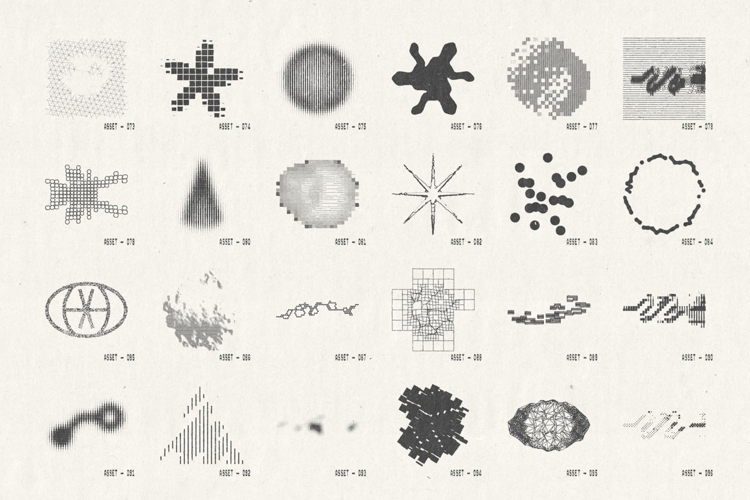 Grid of 24 experimental abstract shapes using glitch, pixels, lines, geometric patterns in monochrome