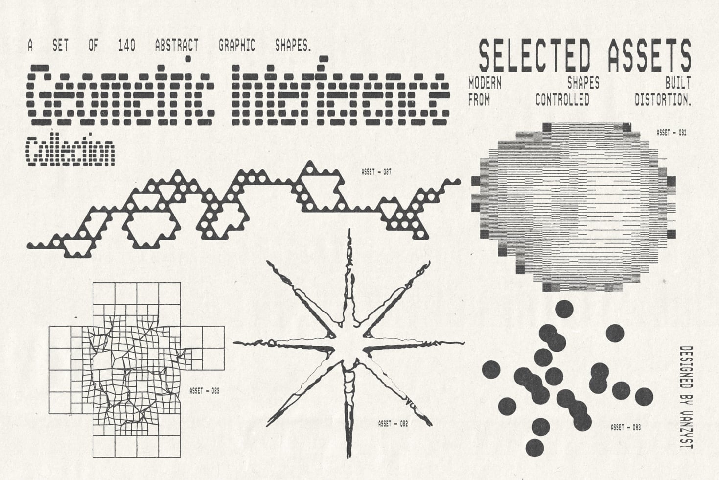 Collection of 140 abstract shapes with glitchy distortions, scattered dots, wavy lines, grids