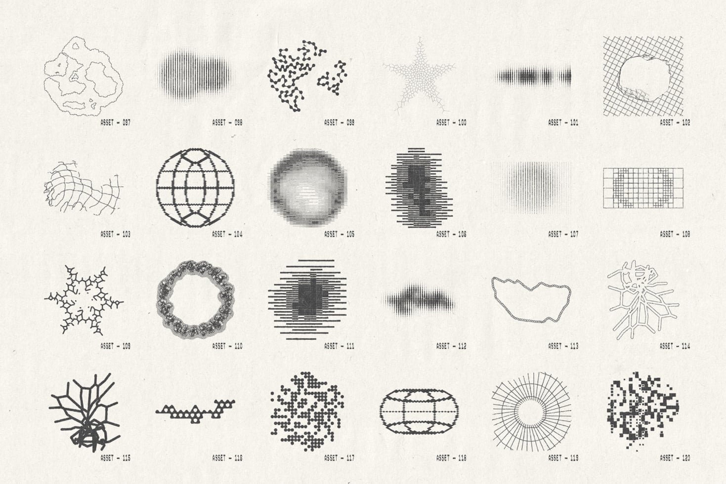 Collection of 24 generative geometric shapes with organic textures, grids, lines for design projects
