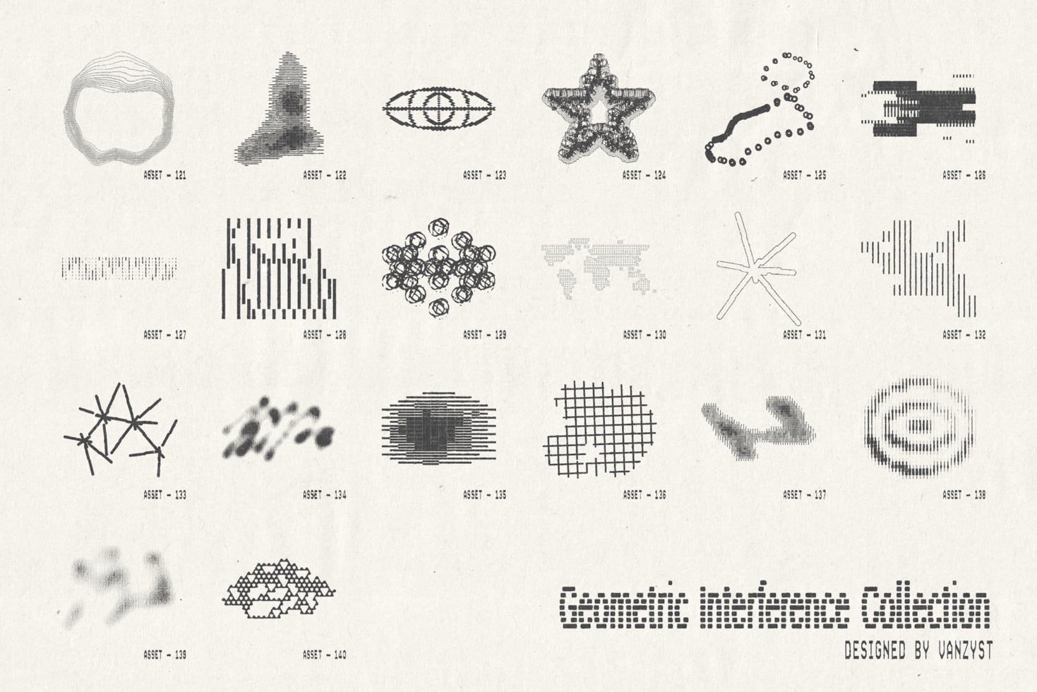 Collection of 18 glitchy geometric shapes with distorted textures, lines, grids, dots