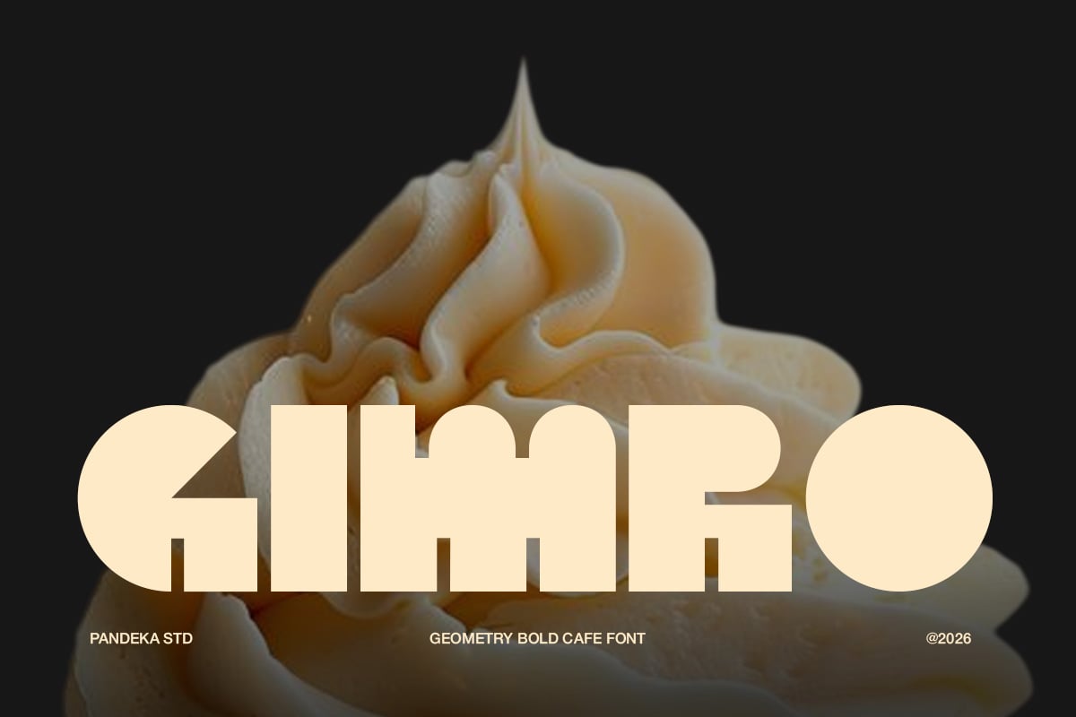Cream-colored geometric bold cafe font displayed over soft-serve ice cream on dark background