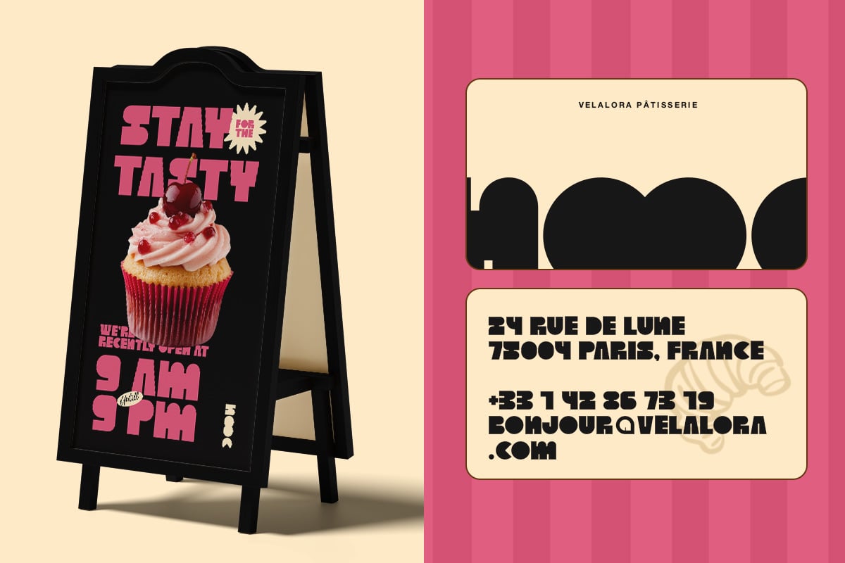 Retro bakery A-frame sign mockup with cupcake imagery, bold pink typography, plus business card design template