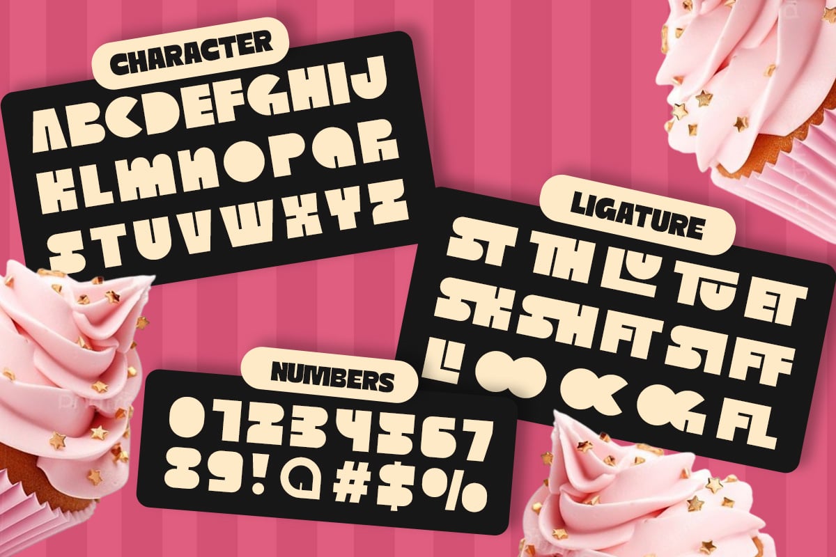 Bold retro font family with character set, ligatures, plus numbers on pink backdrop with cupcakes