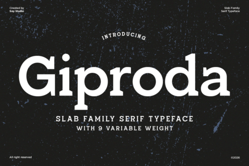 Giproda serif typeface display with 9 variable weights on distressed dark texture background