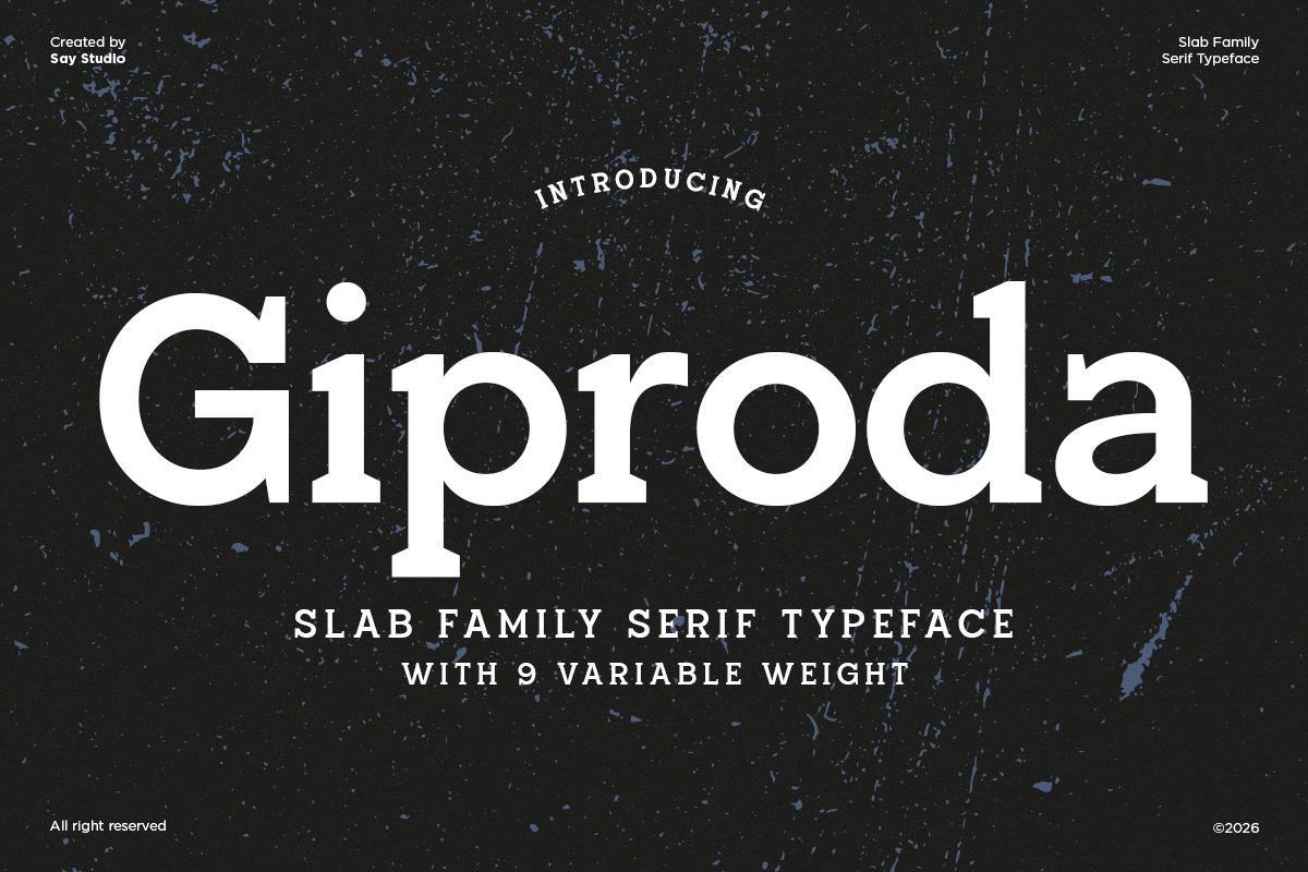 Giproda serif typeface display with 9 variable weights on distressed dark texture background