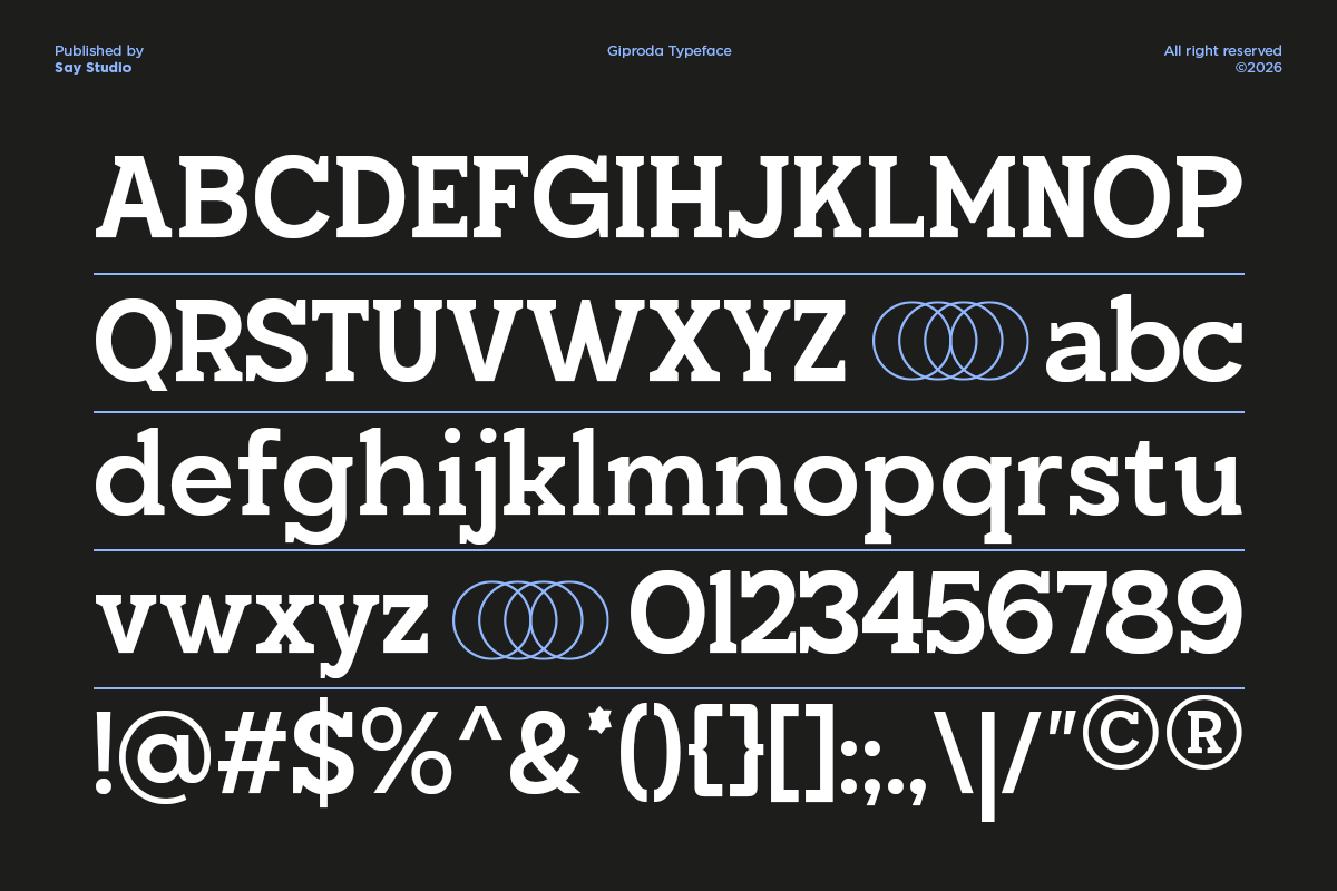 Giproda Typeface specimen showing bold sans serif uppercase, lowercase, numbers, punctuation with blue circle accents on dark background