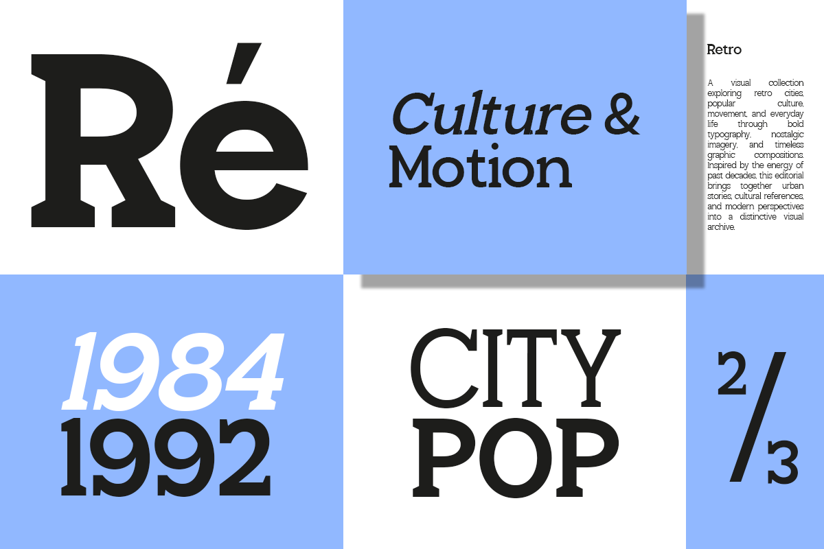 Retro design mockup with bold typography, blue color blocks, Culture Motion headline, 1984-1992 dates, City Pop text layout