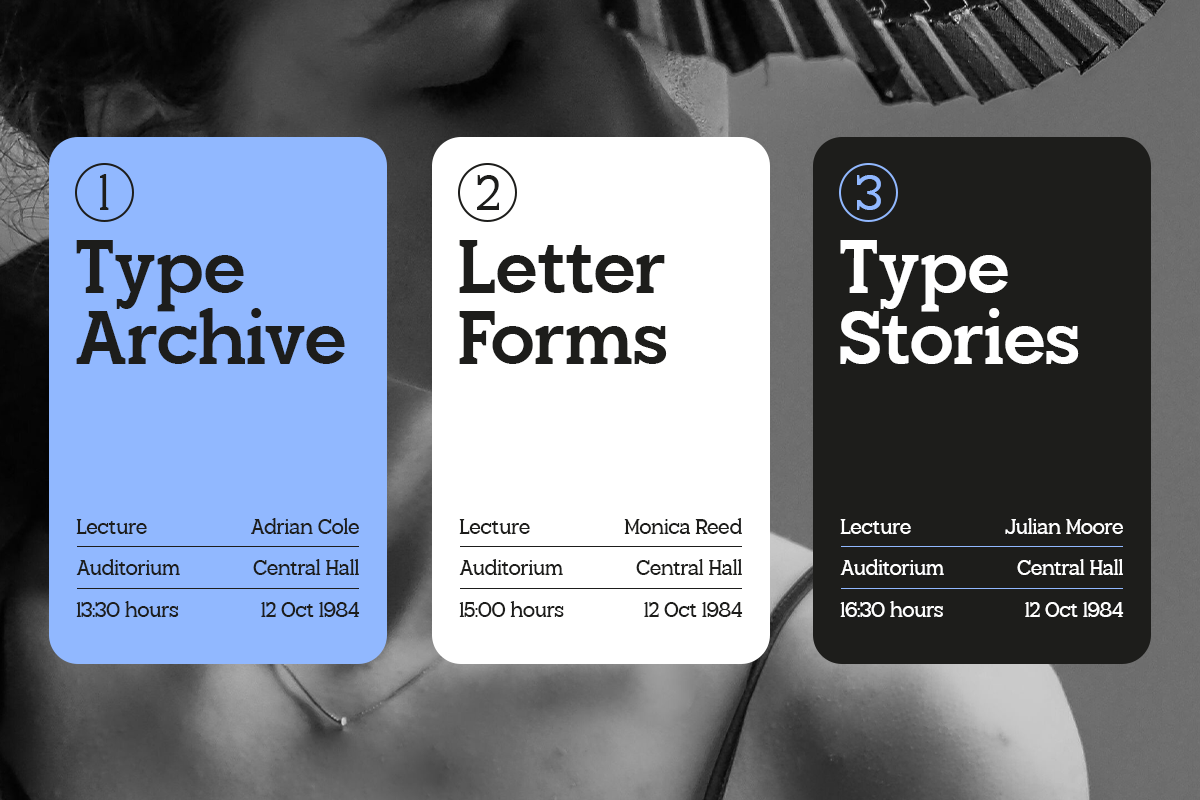 Three retro event card mockups showing lecture details in blue, white, black layouts